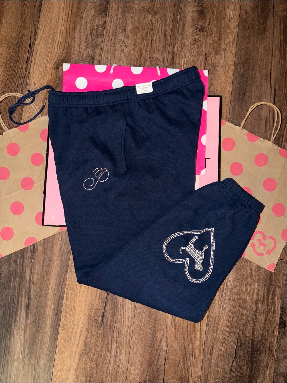 NWT VS PINK Size LARGE Navy Blue Dog Logo Campus Jogger Relaxed Sweatpants.